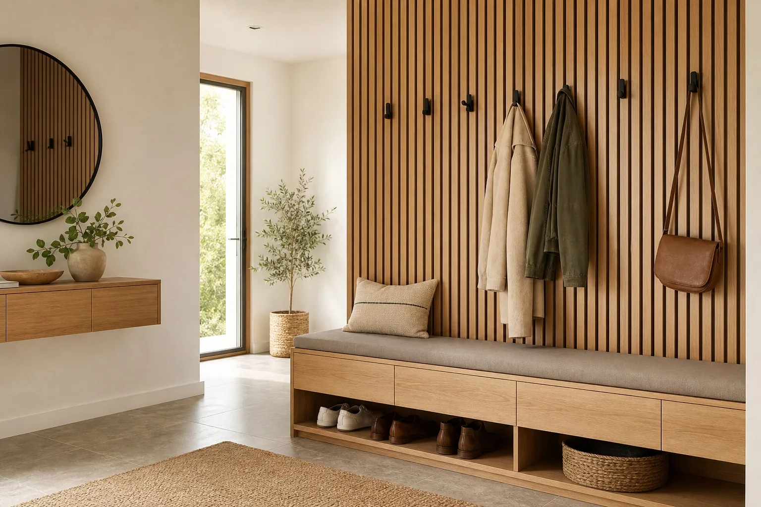 Entryway with a vertical oak slat wall, black hooks, and a low bench with shoe storage.