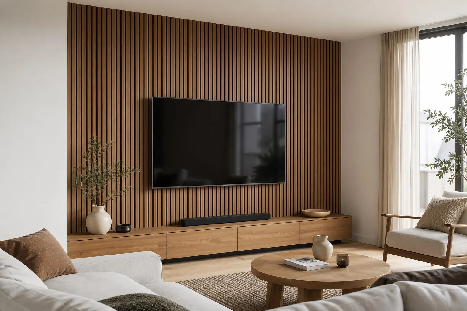 Living room with a vertical wood slat wall behind a wall-mounted TV and low wood media bench.
