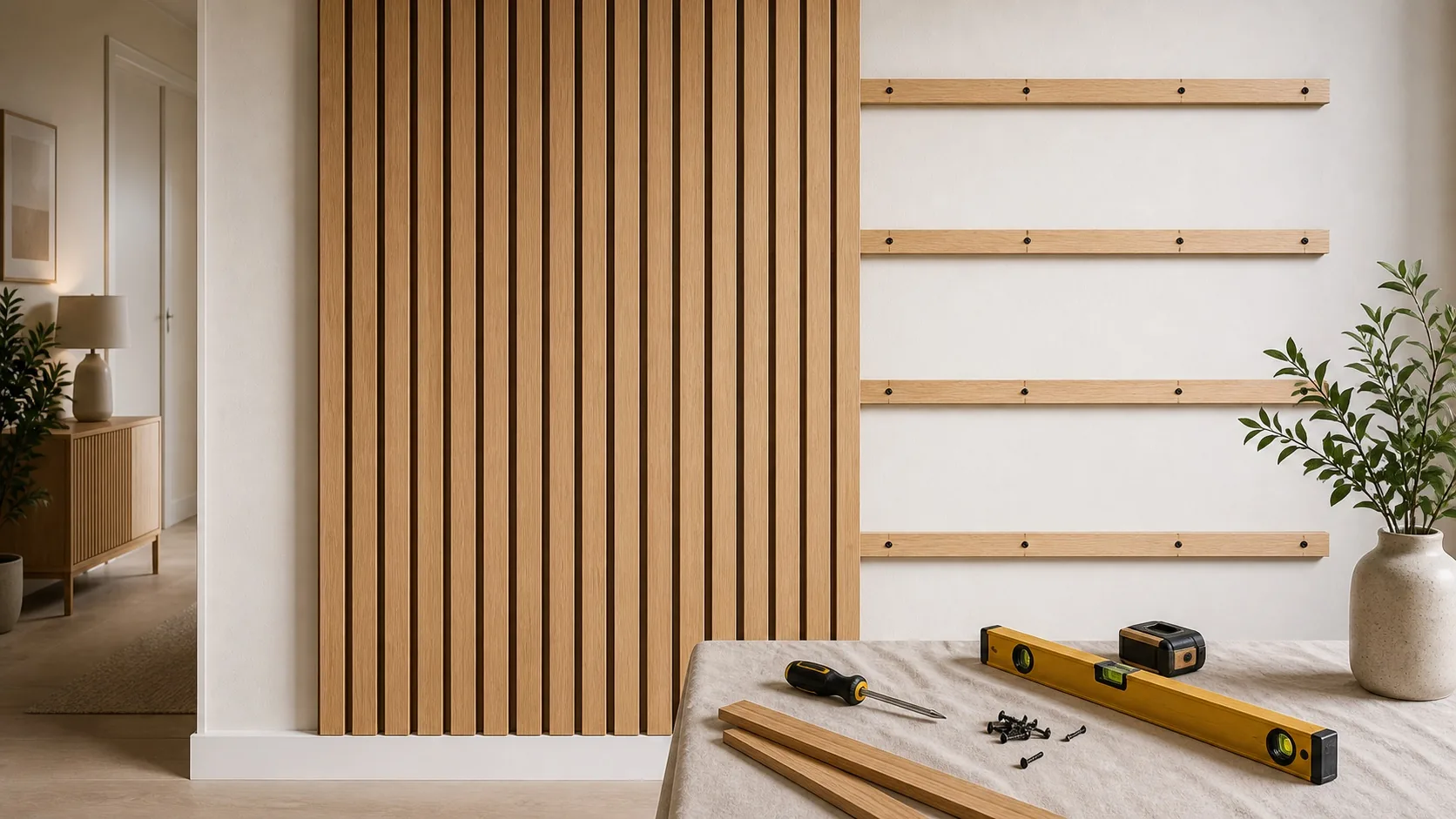 Partially installed wood slat wall on a light drywall surface with visible battens, screws, and a level.