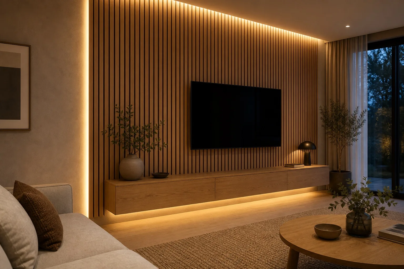 Living room with a vertical oak slat wall and warm indirect LED lighting along the edge and media bench.