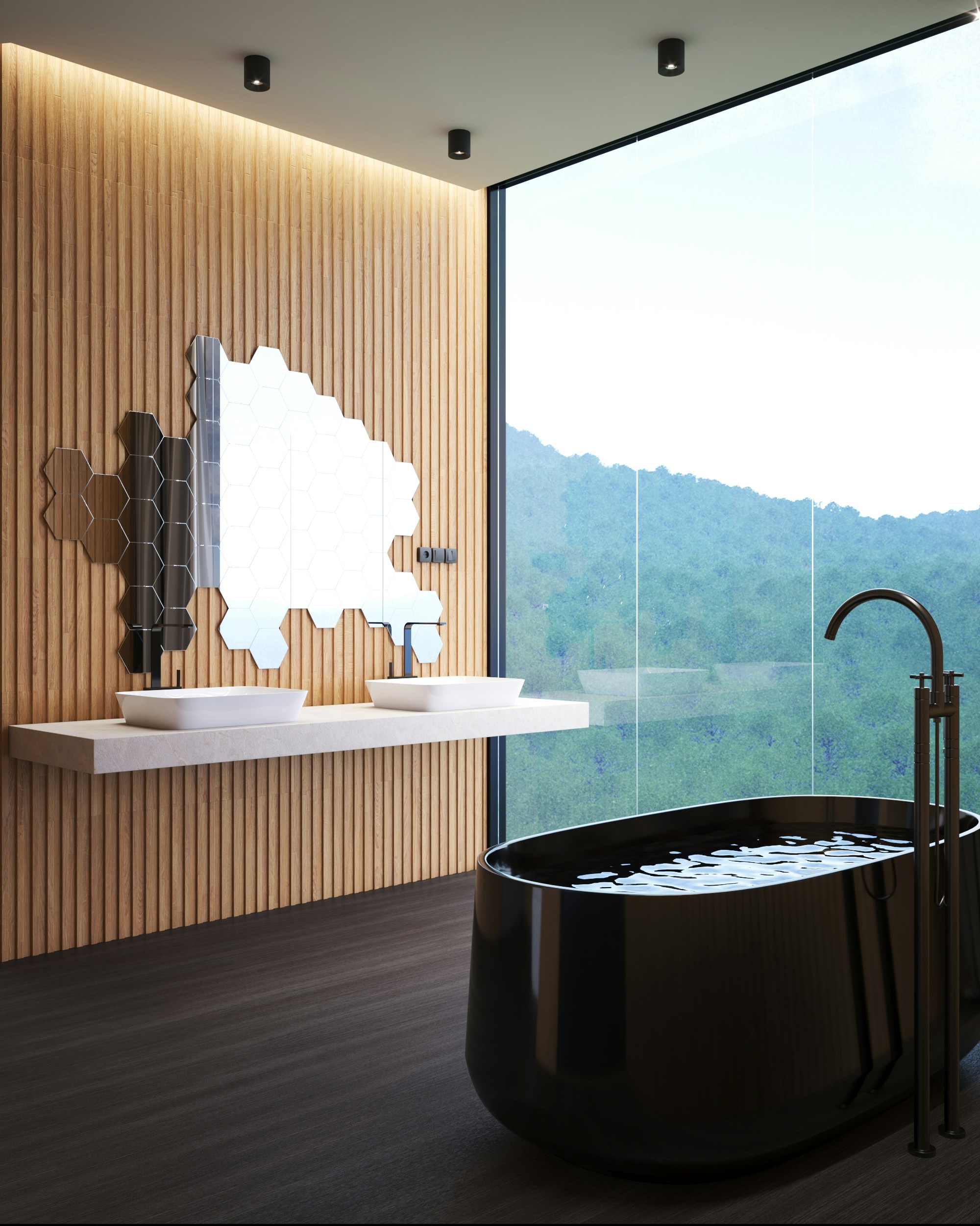 Bathtub with warm slatted backdrop