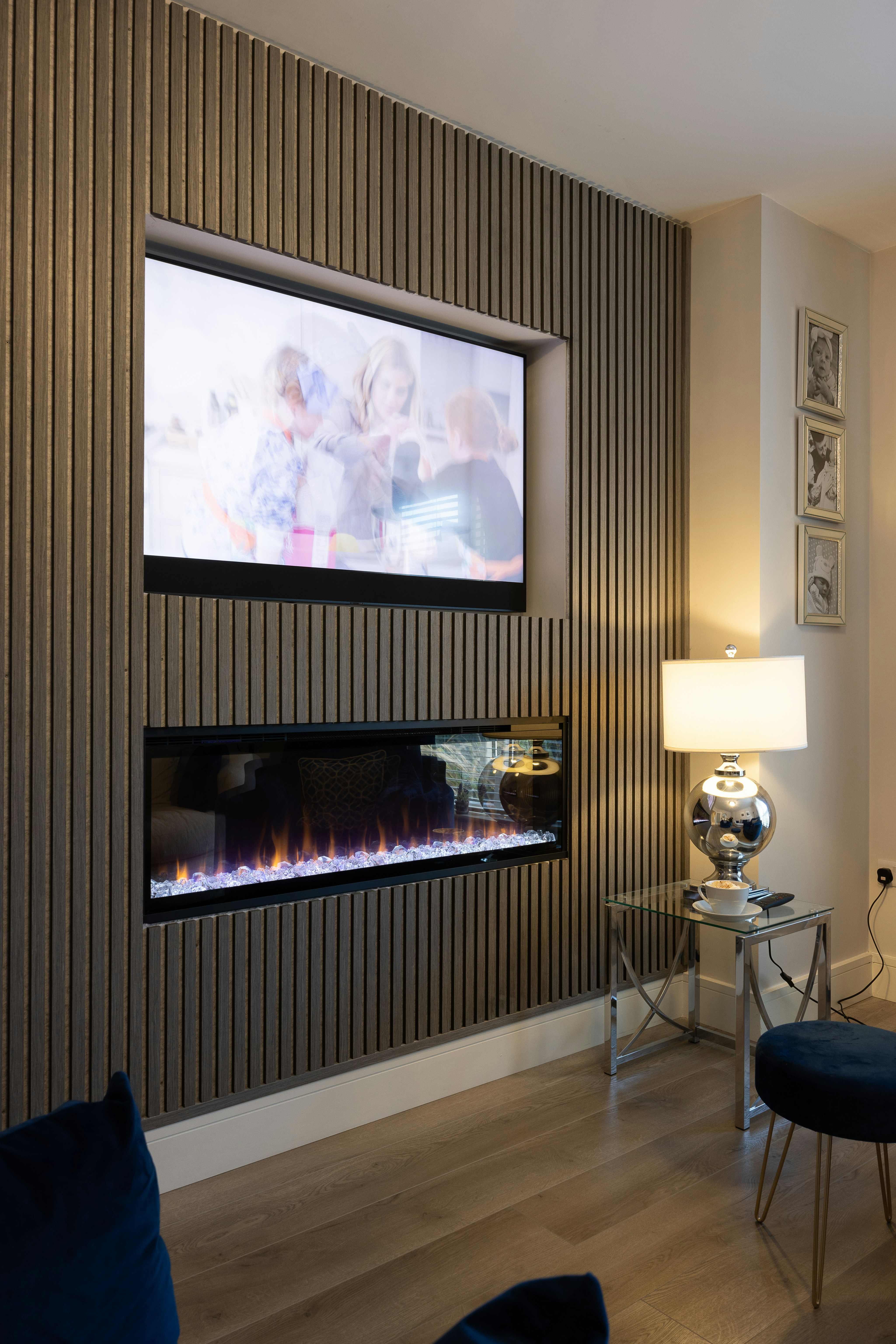 Living room TV wall with slats